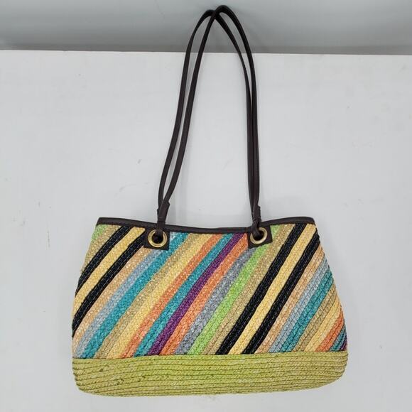 Vintage Rainbow Diagonal  Striped Double Top Handle‎ Straw Handbag Purse - Picture 4 of 10